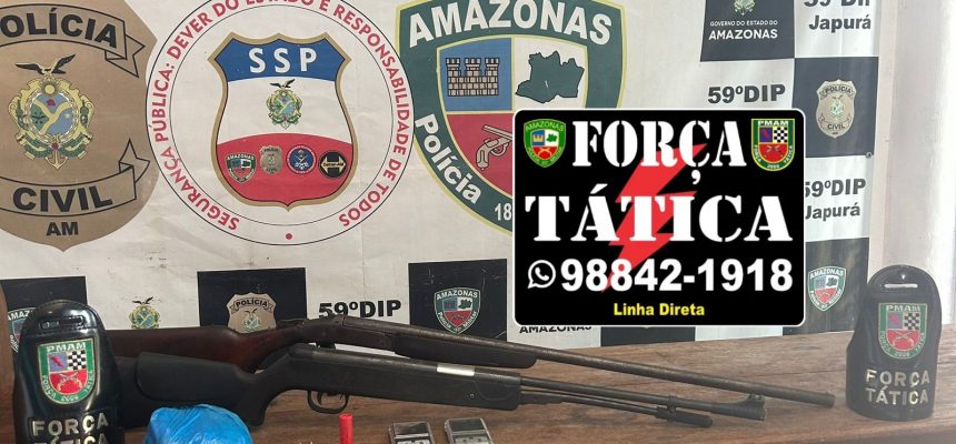A Polícia Militar do Amazonas (PMAM), por meio da Força Tática, apreendeu, nesta quarta-feira (22), um rifle, uma espingarda, cinco munições e aproximadamente 400 gramas de maconha do tipo “skunk”. A ação ocorreu no município de Japurá (a 744 quilômetros de Manaus), durante a operação Fronteira Mais Segura/Protetor das Fronteiras, coordenada pela Secretaria de Segurança Pública do Amazonas (SSP-AM).
